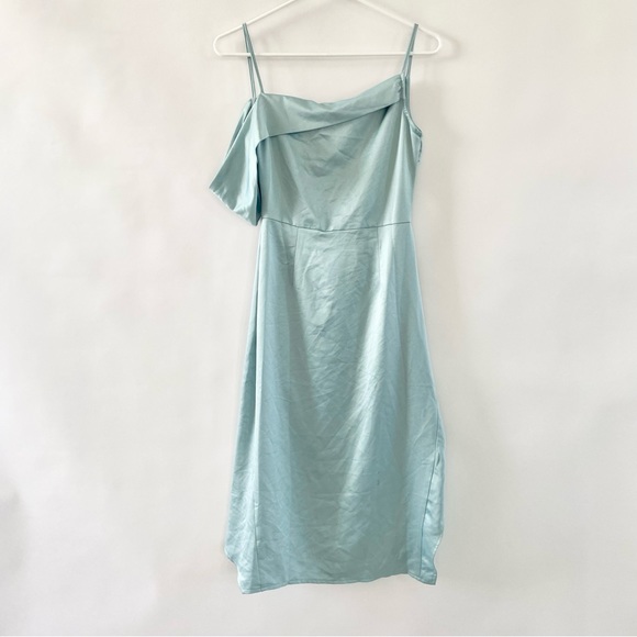 NWT Missguided Satin One Shoulder Asymmetric Ruched Side Midi Dress Blue 2 - Picture 9 of 16